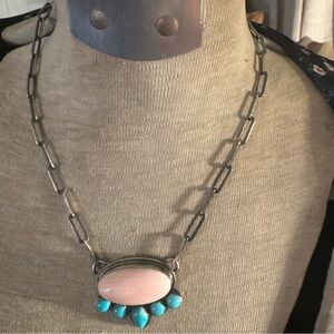 Navajo Pink Conch and Turquoise Necklace - artist name sterling silver stamp